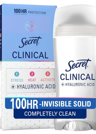 Secret Clinical Strength Invisible Solid Antiperspirant Deodorant for Women, 100HR Sweat & Odor Protection, 3X Stress Protection with Hyaluronic Acid, PH Balanced, Completely Clean Scent, 2.6 oz