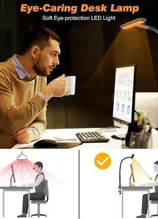 Airlonv LED Desk Lamp for Office Home, Eye-Caring Desk Light with Stepless Dimming Adjustable Flexible Gooseneck, 10W USB Adapter Desk Lamp with Clamp for Reading, Study, Workbench (Black)