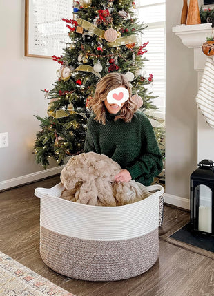 INDRESSME XXXLarge Woven Rope Blanket Basket Living Room Brown, 90L | 21.7" x 13.8" Storage baskets for toys laundry & pillows. Fits living room, bedroom or nursery décor. Soft-touch with handles