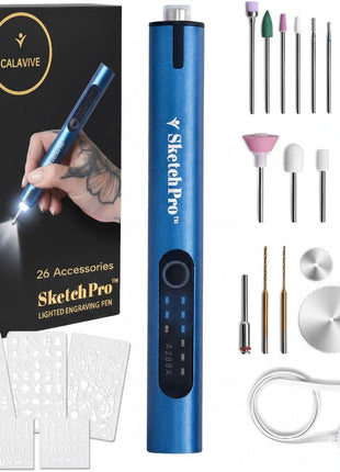 SketchPro Cordless Engraving Pen with LED Light – 3-Speed Precision Etching Tool for Wood, Metal, Glass & Plastic – USB-C Rechargeable, 26 Accessories – Ideal for DIY, Jewelry & Craft Projects