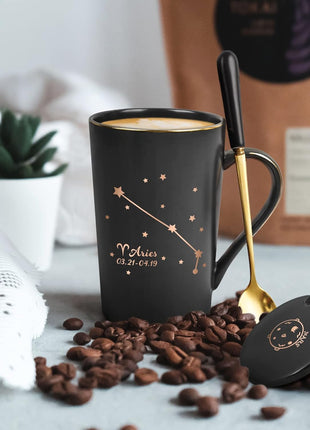 YHRJWN - Aries Zodiac Sign Star Coffee Mug, Aries Gifts for Women, Men & Teens, Mar-Apr Birthday Gifts for 12 Horoscope Lovers, 14 Oz Black Cup with Gift Box