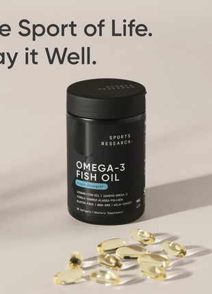 Sports Research Triple Strength Omega 3 Fish Oil   Burpless Fish Oil Supplement w/EPA & DHA Fatty Acids from Single Source Wild Alaskan Pollock   1250 mg, 90 ct