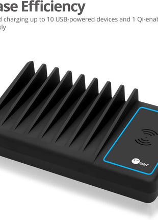 SIIG 10 Port 90W USB Charging station with Qi wireless and USB C Charging, Ambient Light Deck compatible with iPhone iPad Samsung Galaxy Google Nexus