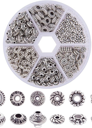 PH PandaHall 300pcs 6 Style Antique Silver Spacer Beads, Tibetan Metal Alloy Tube Spacers Flower Flat Rondelle Small Loose Beads for Bracelet Necklace Earring Jewelry Making Supplies