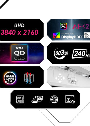 msi MPG 321URXW QD-OLED 31.5 Inch 4K UHD Gaming Monitor - 3840 x 2160 Quantum Dot OLED Panel, 240Hz / 0.03ms, 99% DCI-P3, ΔE≤2, DisplayHDR True Black 400, KVM, RGB - DP 1.4a, HDMI 2.1, USB Type-C 98W