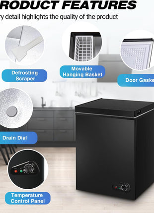 Deep Freezer 3.5 Cu.Ft, Chest Freezer with Removable Basket, Small Freezer with 6 Levels Adjustable Temperature, Quiet Mini Freezer for Home/Kitchen/Office/Garage/Bar (Black)