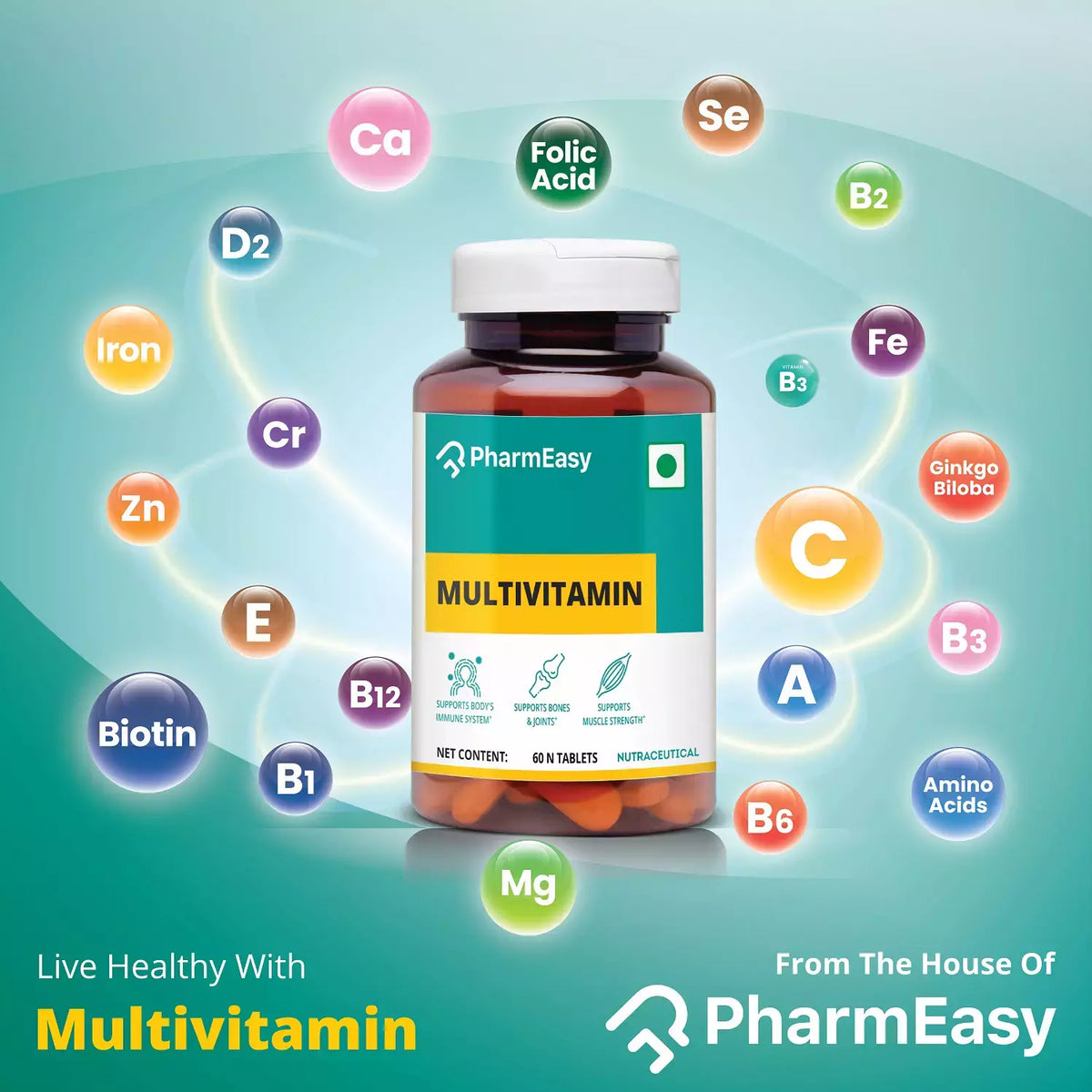 PharmEasy Multivitamin Multimineral for Men and Women with Zinc, Vitamin C, D3 and Ginseng Extract, Enhances Energy, Stamina & Immunity - 60 Multivitamin Tablets