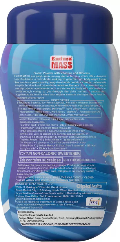 Endura Mass Weight Gainer 500 G Vanilla Flavour Shaker Free | Ideal For Children Above 10 Years, Men, Women & Athletes. (Vanilla) - Powder