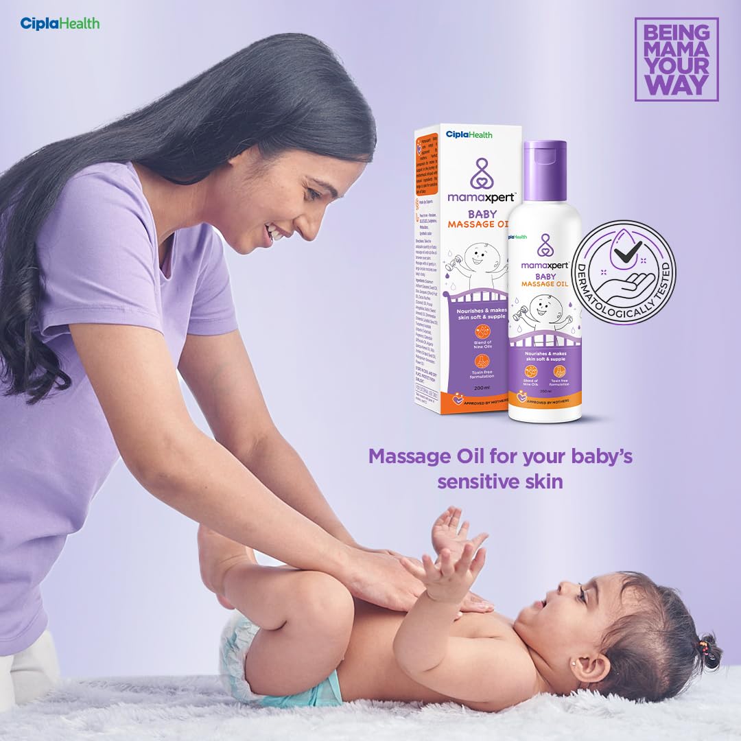 Cipla Health Mamaxpert Baby Massage Oil 200ml| Infused with Natural Ingredients | Includes Almond oil for baby body massage |Nourishes gentle skin| Blend of 9 Natural Oils | 0-5 Years